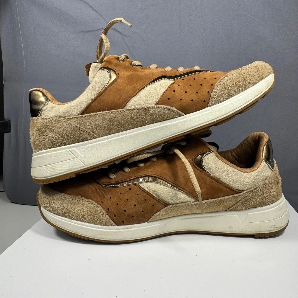 Vionic Nova Sneakers Mens 12 Tan Brown Suede Metallic Orthotic Walking Shoes